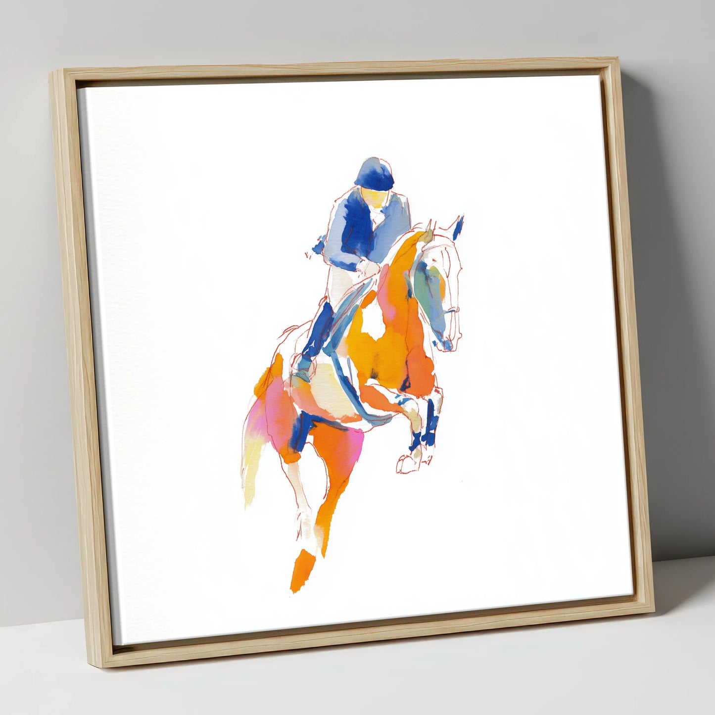 Vibrant Leap show jumping horse canvas wall art in natural frame