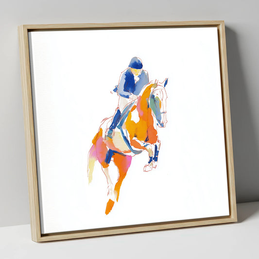 Vibrant Leap show jumping horse canvas wall art in natural frame