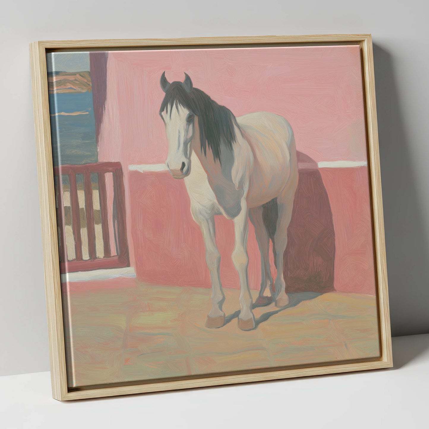 Coastal Courtyard Grey horse breed canvas wall art in natural frame