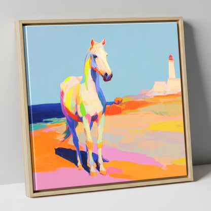 Vibrant Coastal Equine horse landscape canvas wall art in natural frame