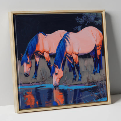 Indigo Waters horse landscape canvas wall art in natural frame