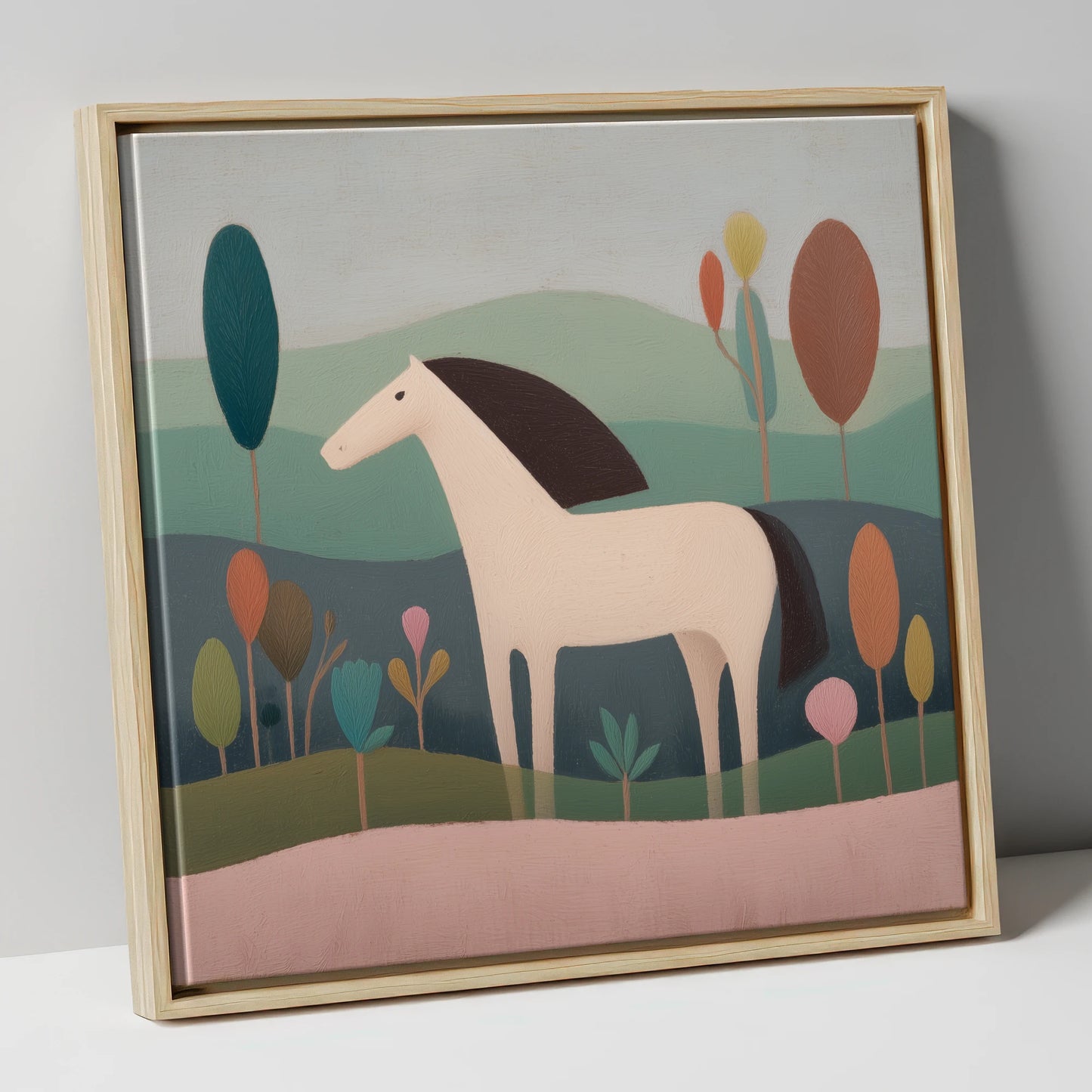 Tranquil Meadow Grey horse breed canvas wall art in natural frame