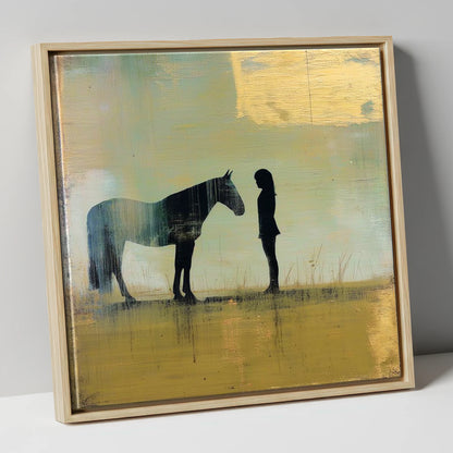 Silent Communion horse & rider canvas wall art in natural frame