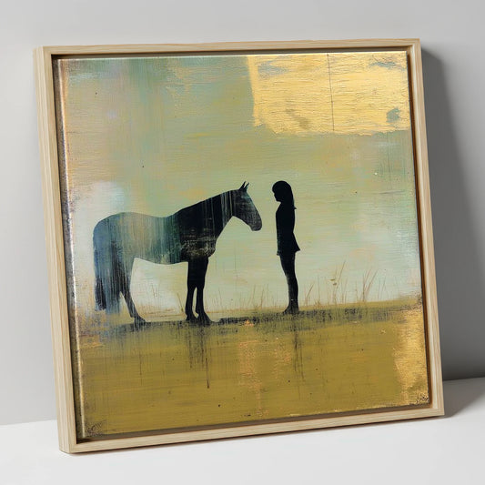 Silent Communion horse & rider canvas wall art in natural frame