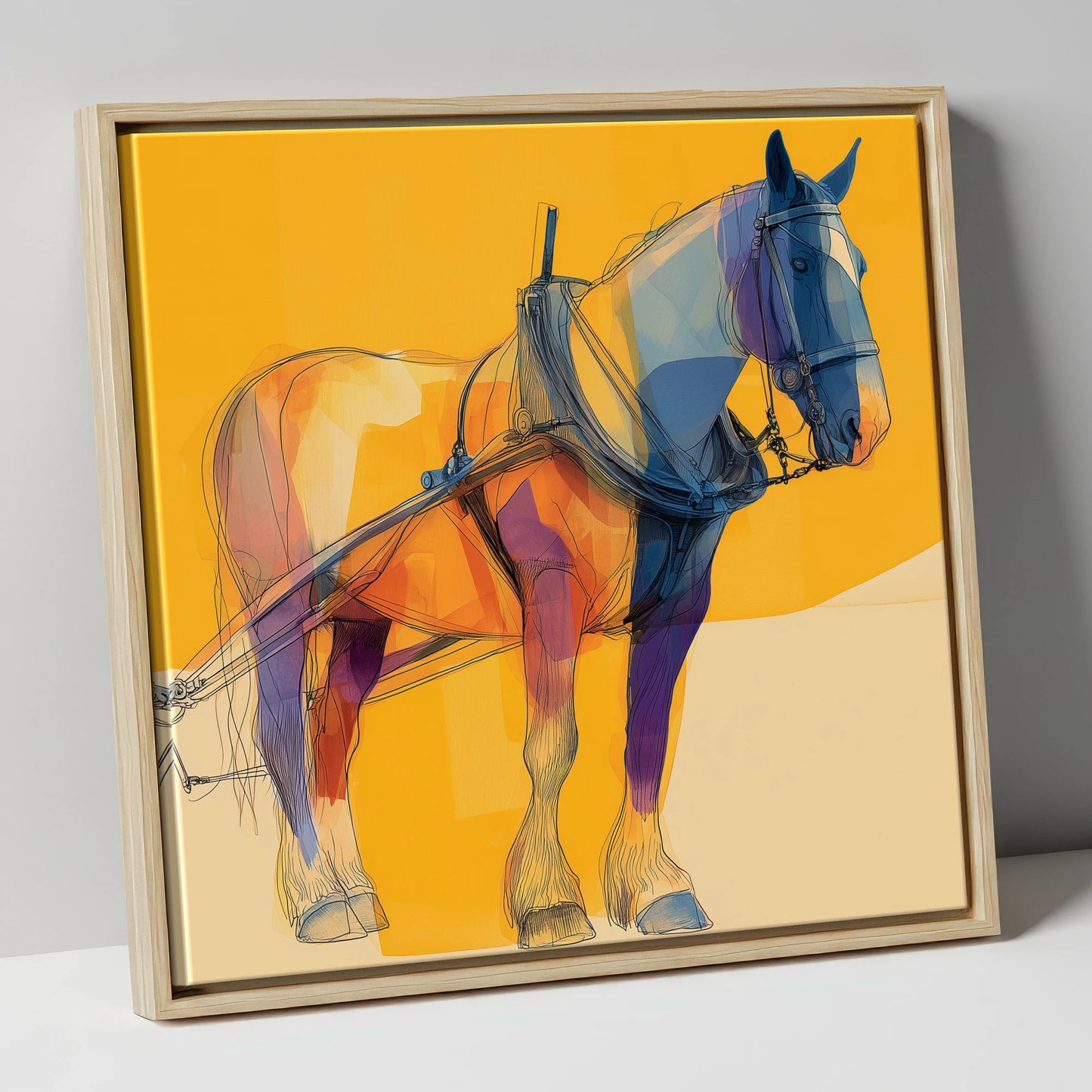 Modern Draught in Harness working horse canvas wall art in natural frame