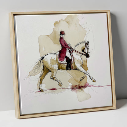 The Crimson Tailcoat dressage horse canvas wall art in natural frame