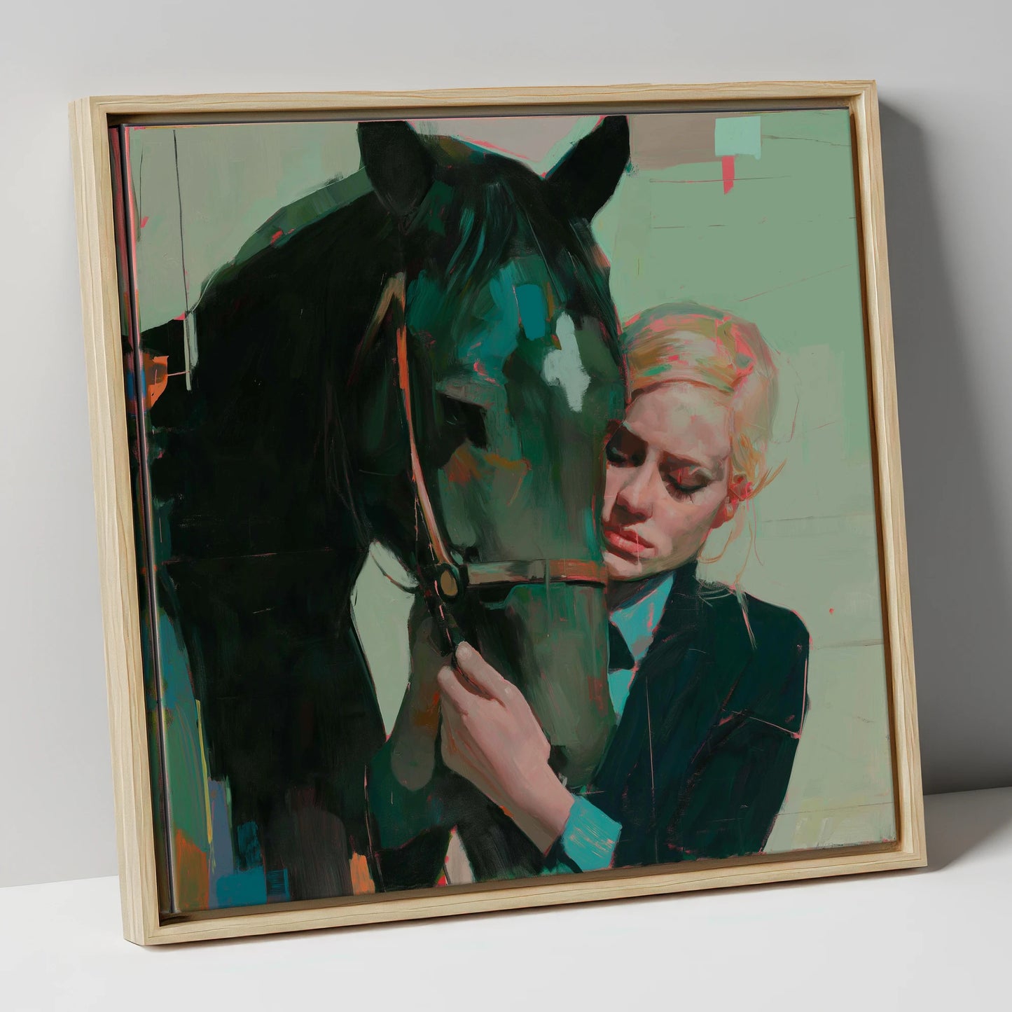 Quiet Connection horse & rider canvas wall art in natural frame