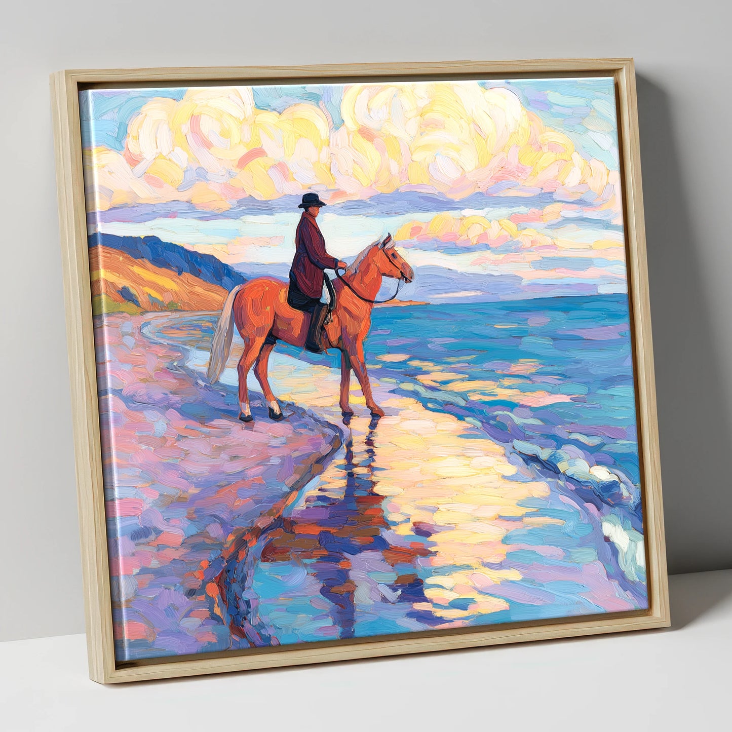 Sunset Coastal Reflections beach horse canvas wall art in natural frame
