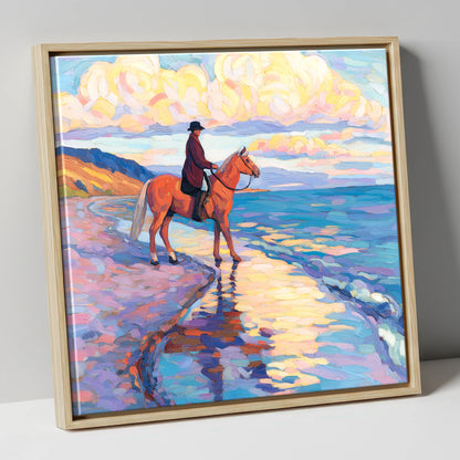 Sunset Coastal Reflections beach horse canvas wall art in natural frame