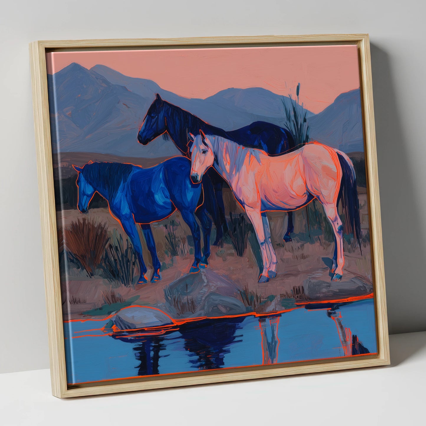 Vivid Indigo Dusk wild horses canvas wall art in natural frame