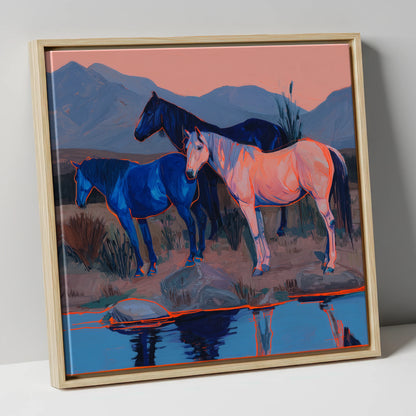 Vivid Indigo Dusk wild horses canvas wall art in natural frame