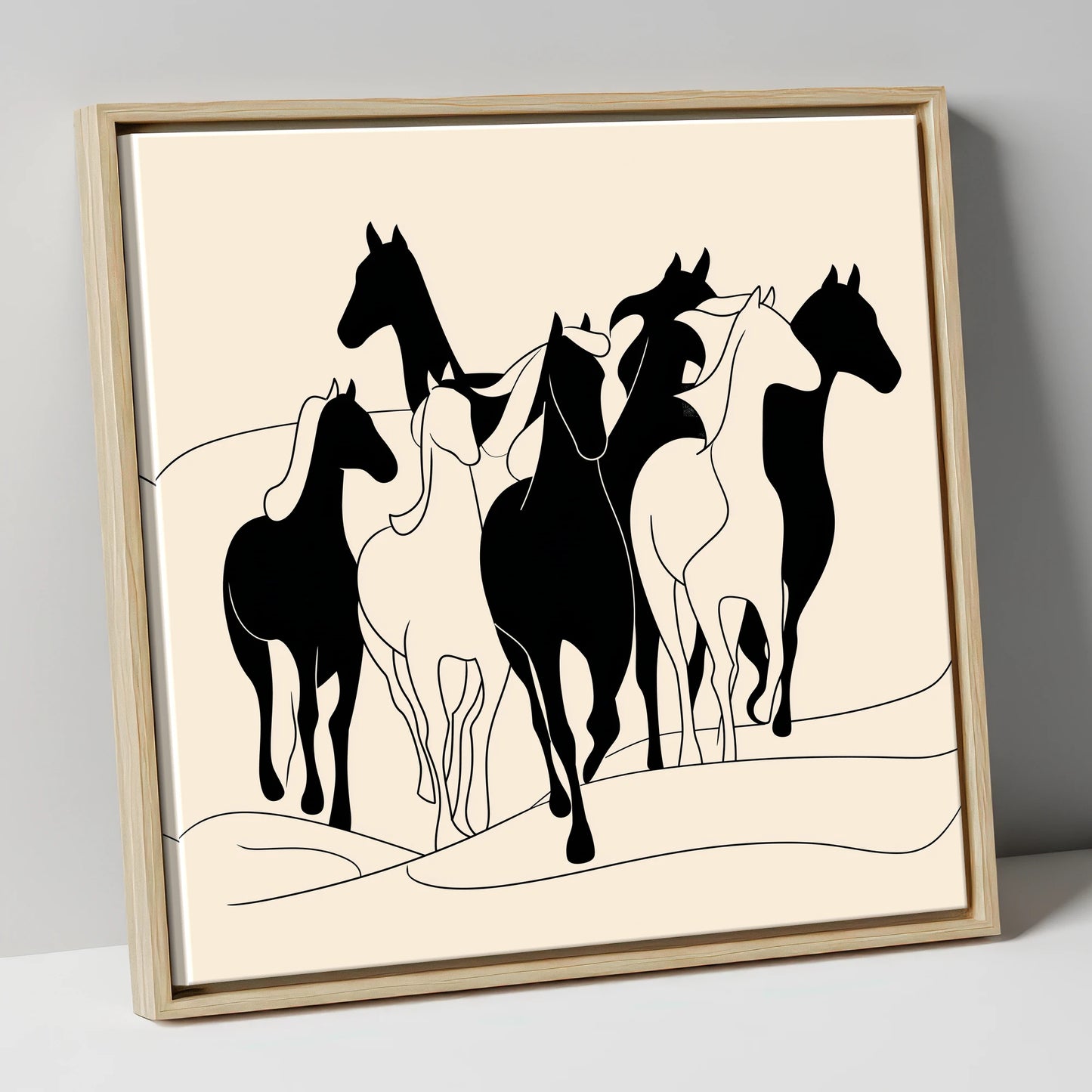 Fluid Herd Harmony wild horses canvas wall art in natural frame