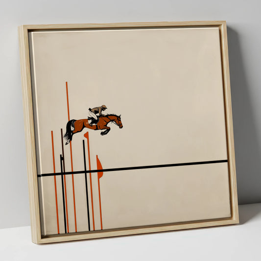 Minimalist Clearance show jumping horse canvas wall art in natural frame