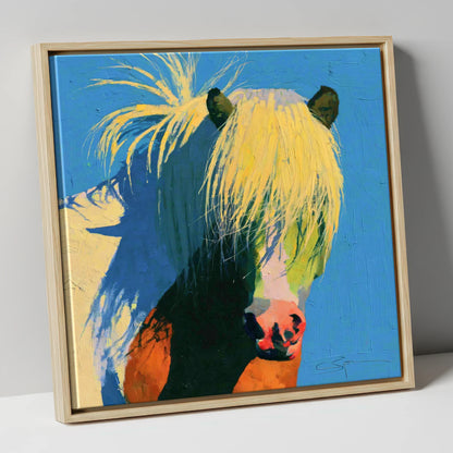 Thick Maned Pony in Blue horse breed canvas wall art in natural frame