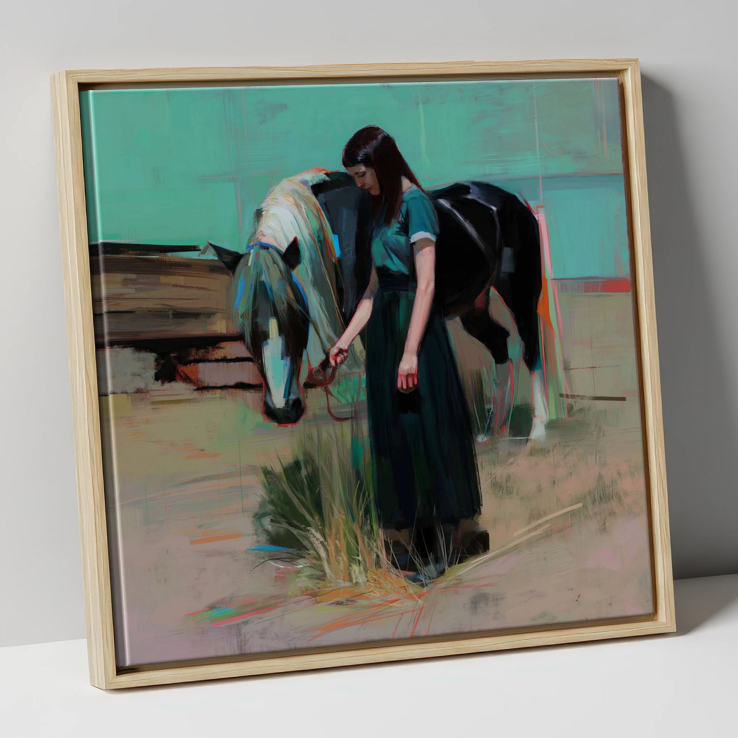 Stillness in Teal horse & rider canvas wall art in natural frame
