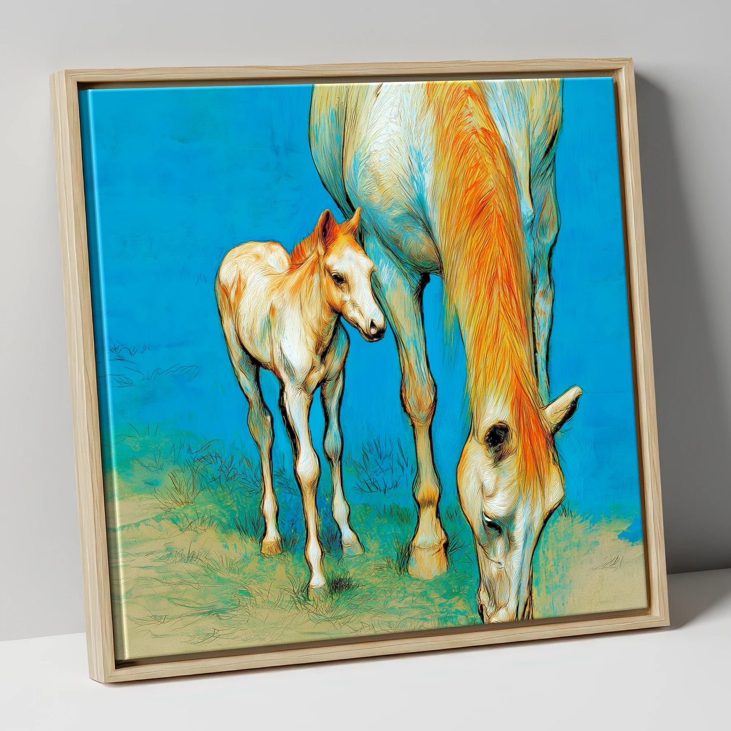 Nurture and Nature mare & foal canvas wall art in natural frame