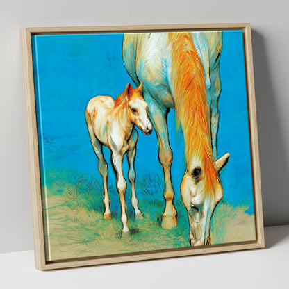 Nurture and Nature mare & foal canvas wall art in natural frame