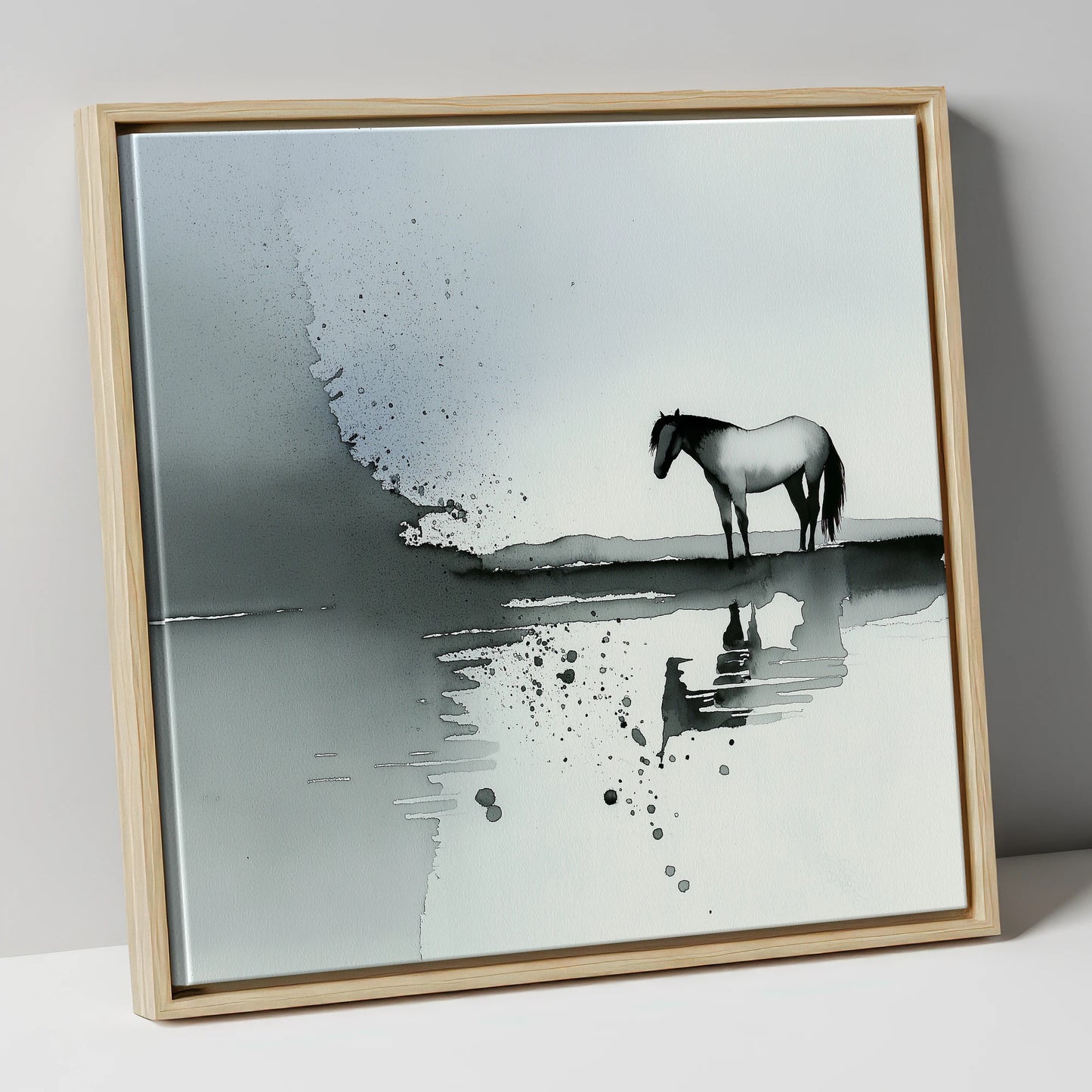 Stillness in Grey horse landscape canvas wall art in natural frame