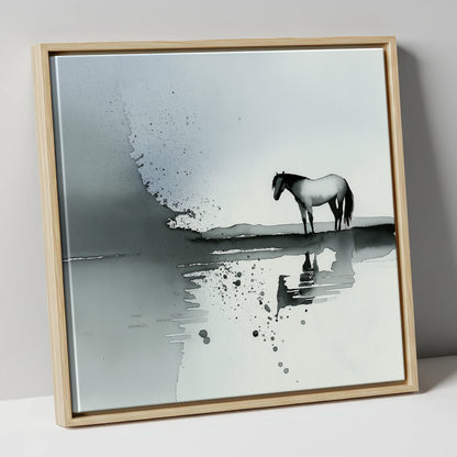 Stillness in Grey horse landscape canvas wall art in natural frame