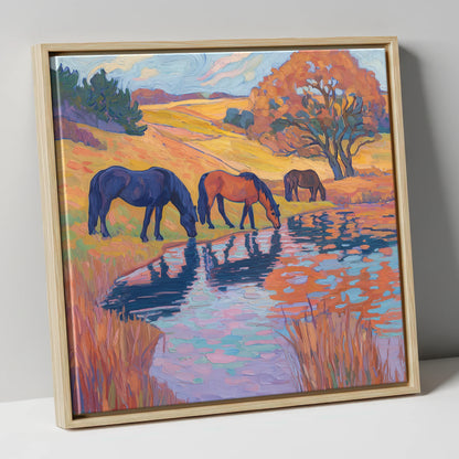 Painted Pasture Reflections horse landscape canvas wall art in natural frame