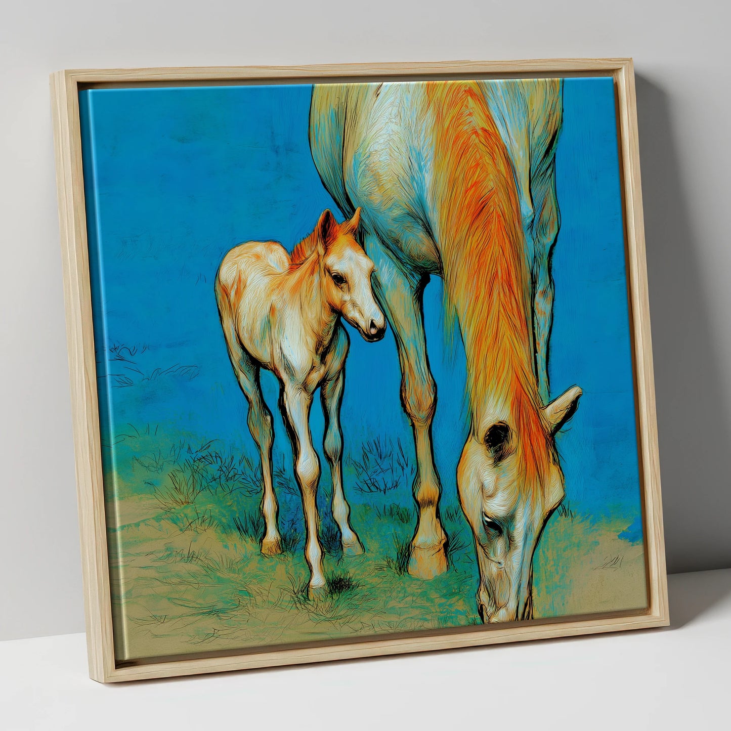 Nurture and Nature mare & foal canvas wall art in natural frame