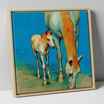 Nurture and Nature mare & foal canvas wall art in natural frame