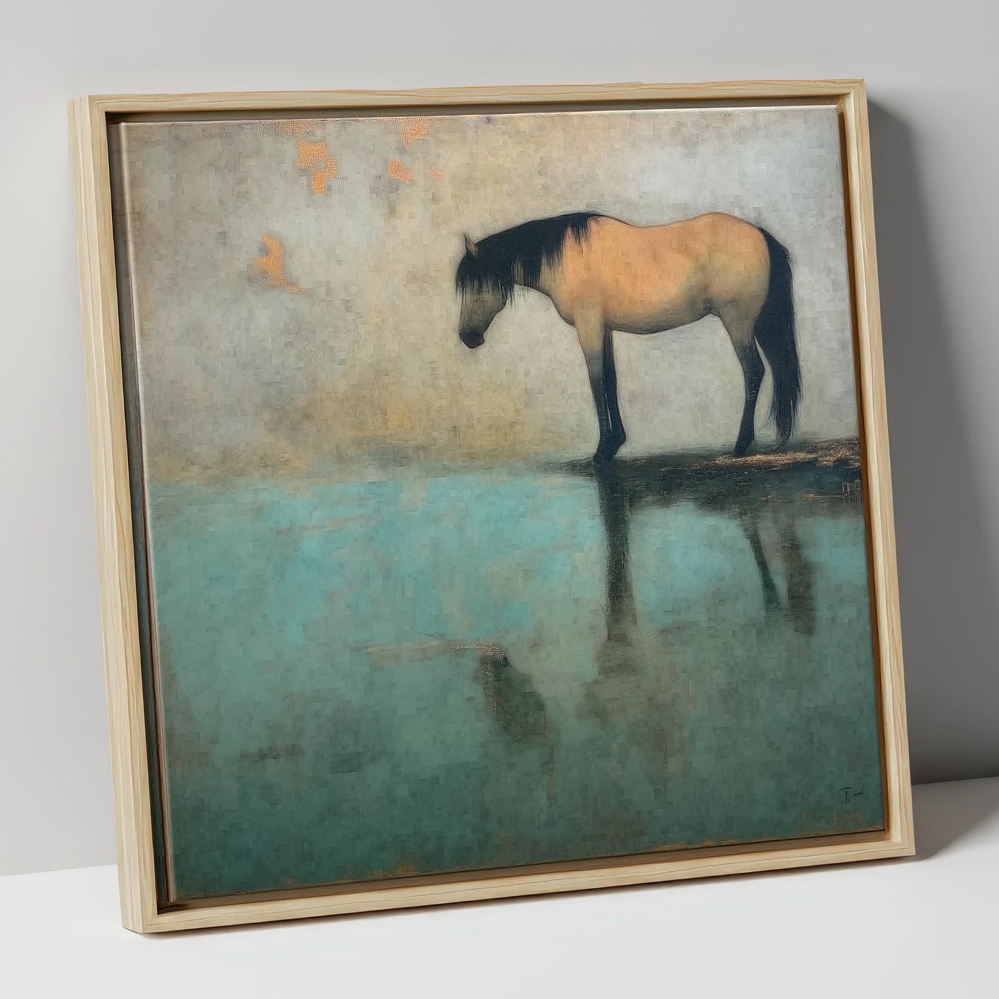 Tranquil Waters Reflection horse landscape canvas wall art in natural frame