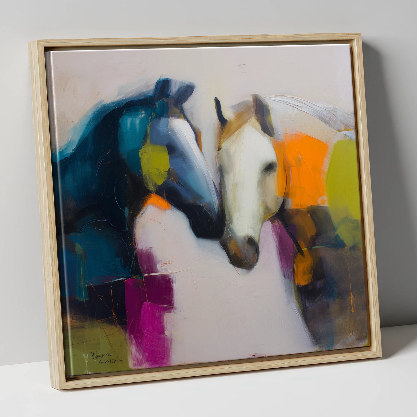 Vibrant Equine Bond horse portrait canvas wall art in natural frame