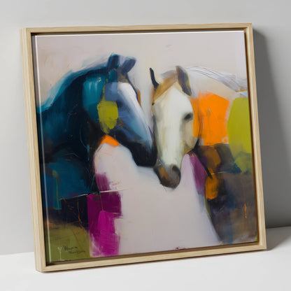 Vibrant Equine Bond horse portrait canvas wall art in natural frame