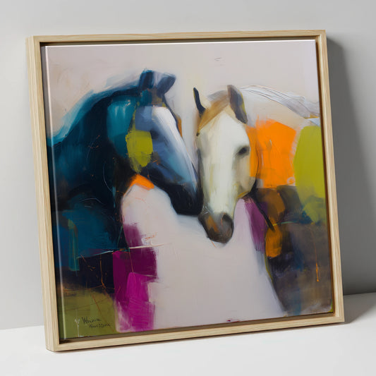 Vibrant Equine Bond horse portrait canvas wall art in natural frame