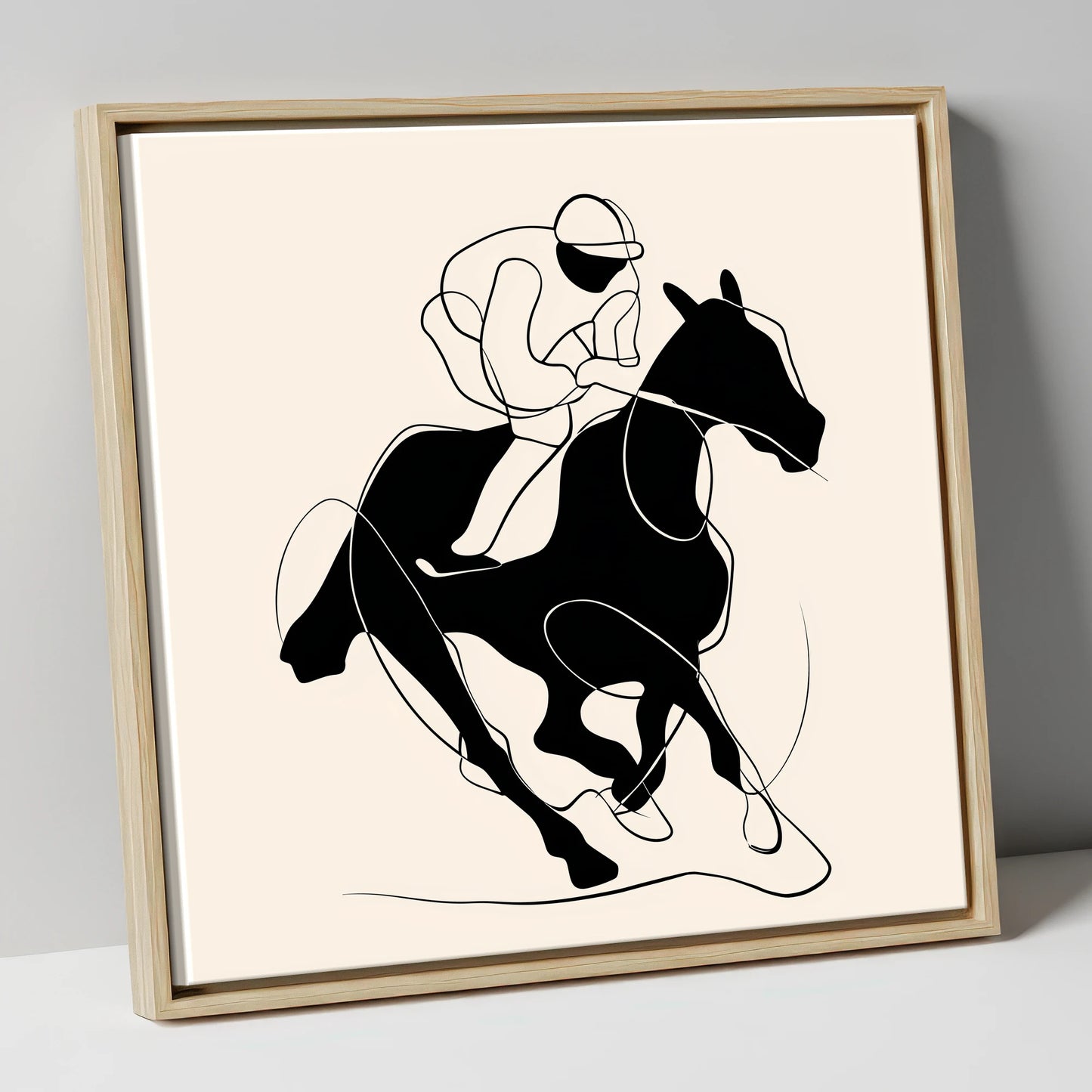 Silhouetted Gallop racing horse canvas wall art in natural frame