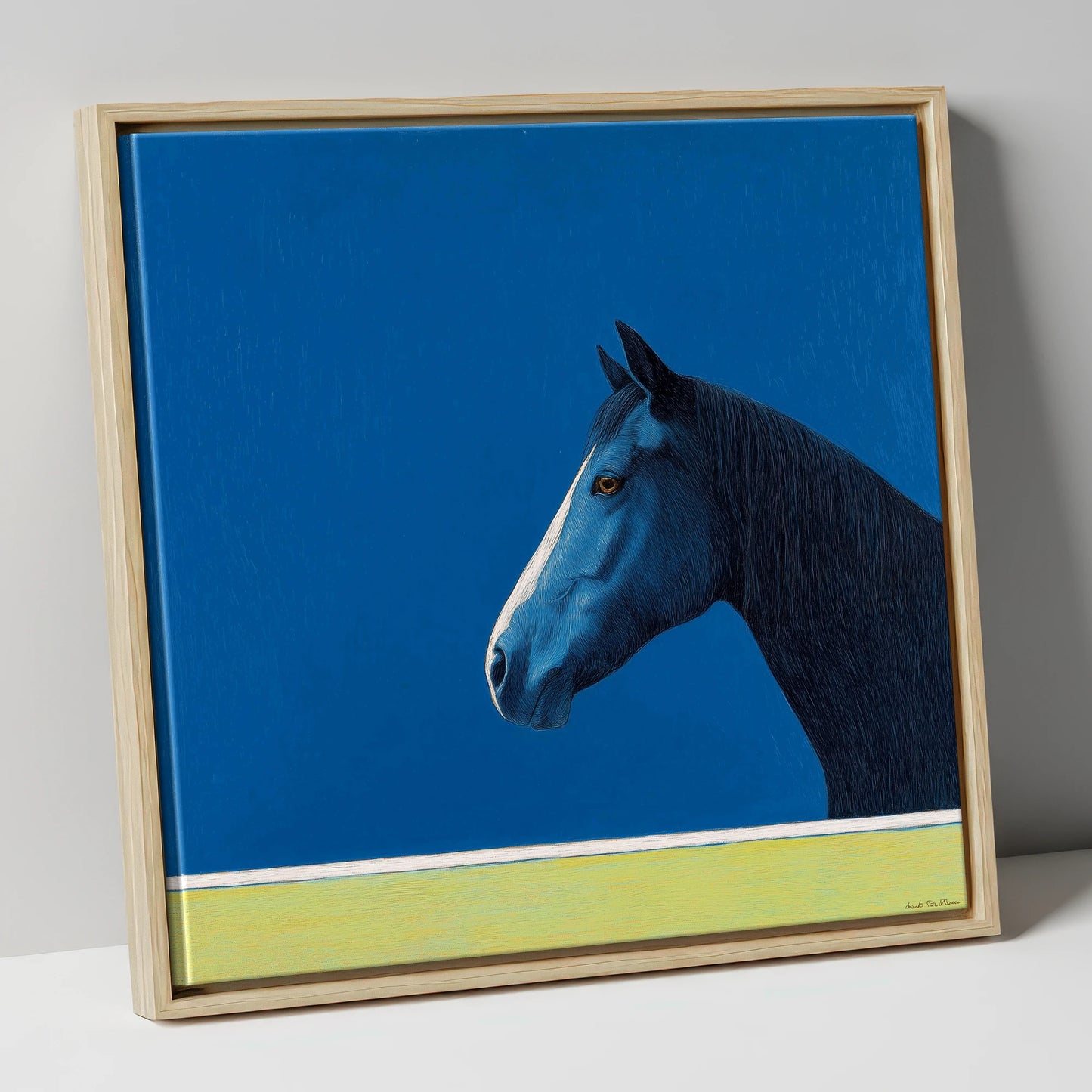 Midnight Blue Blaze horse portrait canvas wall art in natural frame