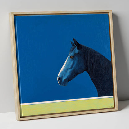 Midnight Blue Blaze horse portrait canvas wall art in natural frame