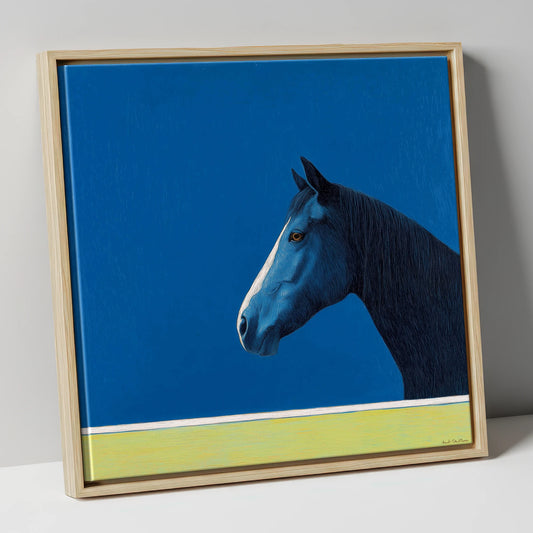 Midnight Blue Blaze horse portrait canvas wall art in natural frame