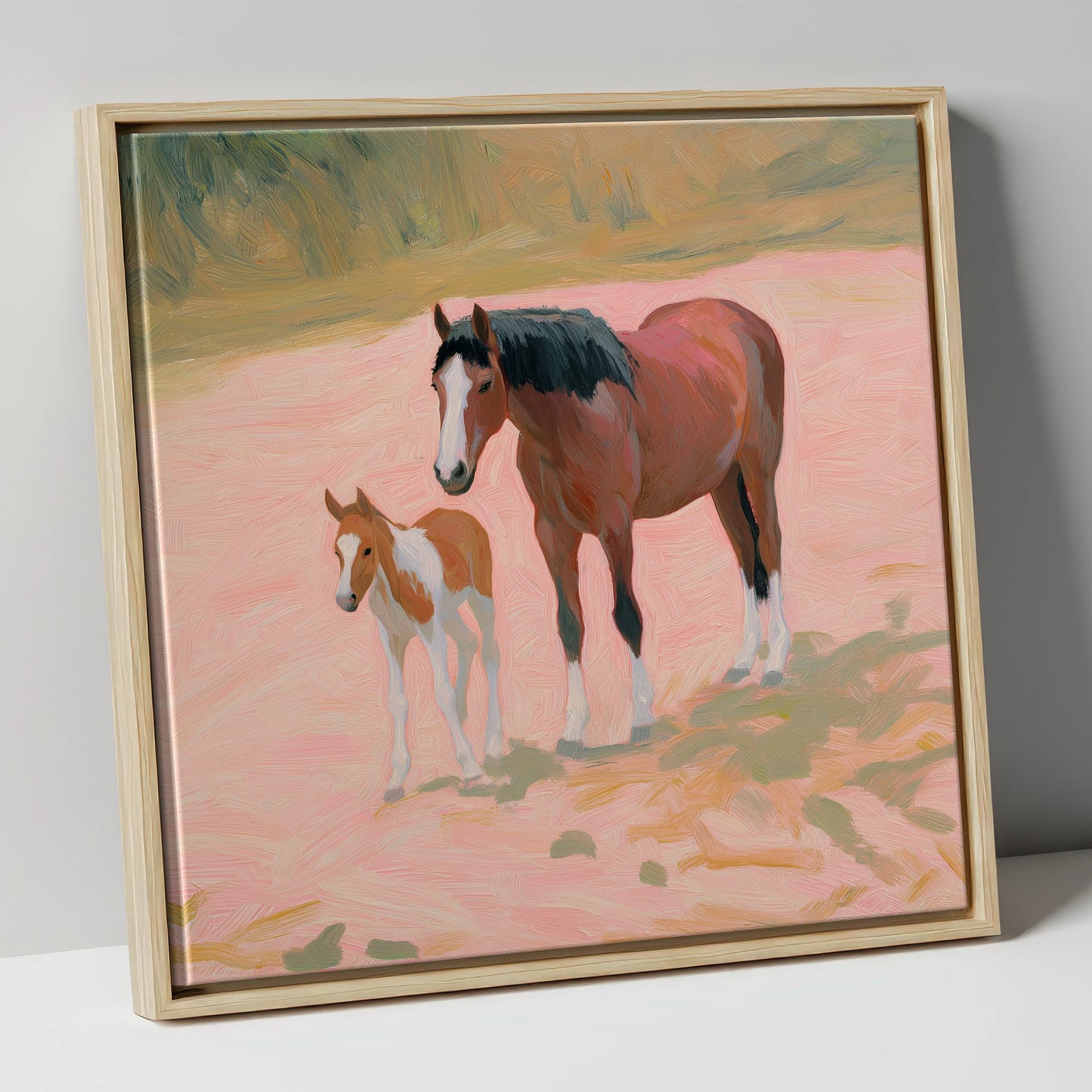 The Gentle Bond mare & foal canvas wall art in natural frame