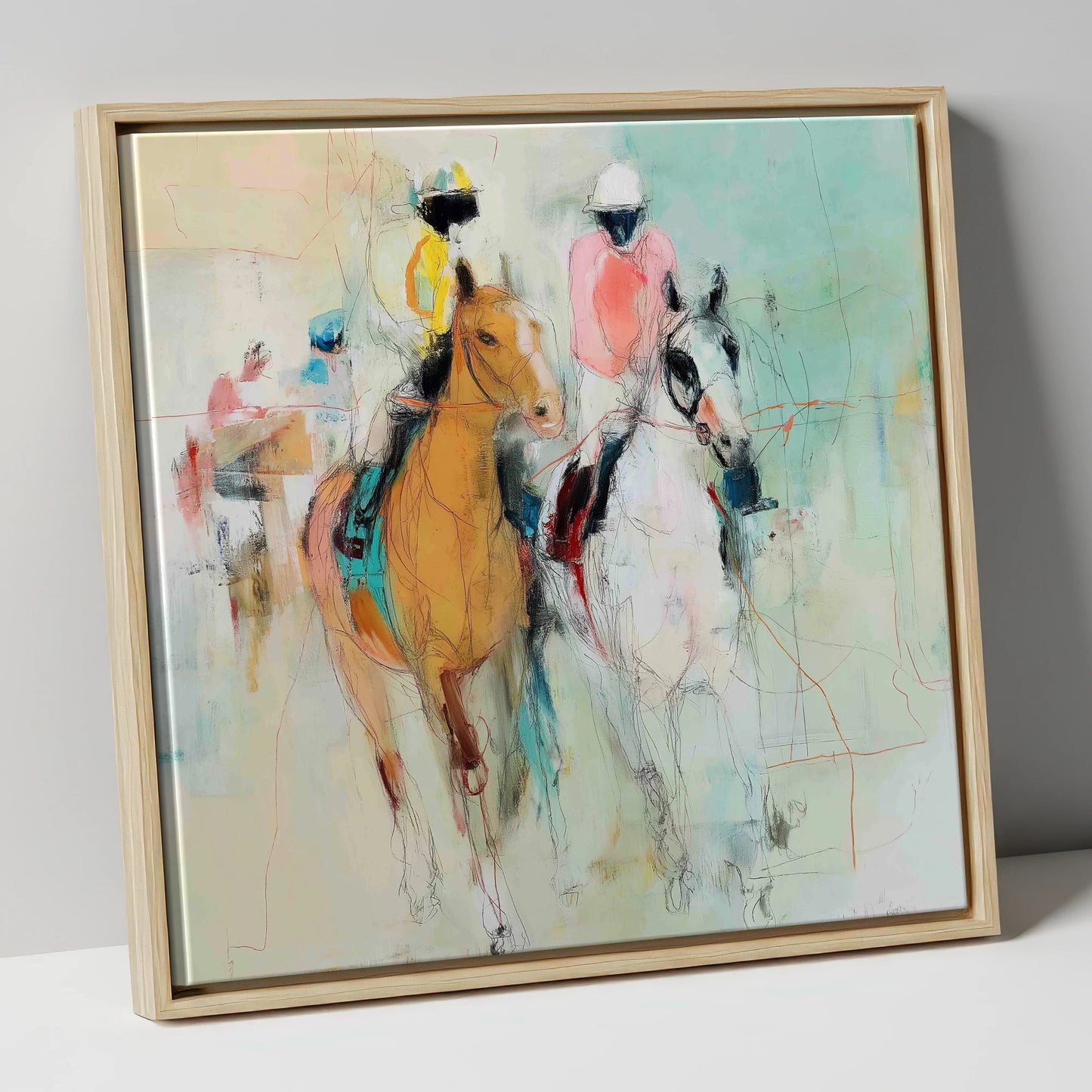Echoes of the Turf racing horse canvas wall art in natural frame