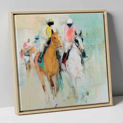 Echoes of the Turf racing horse canvas wall art in natural frame