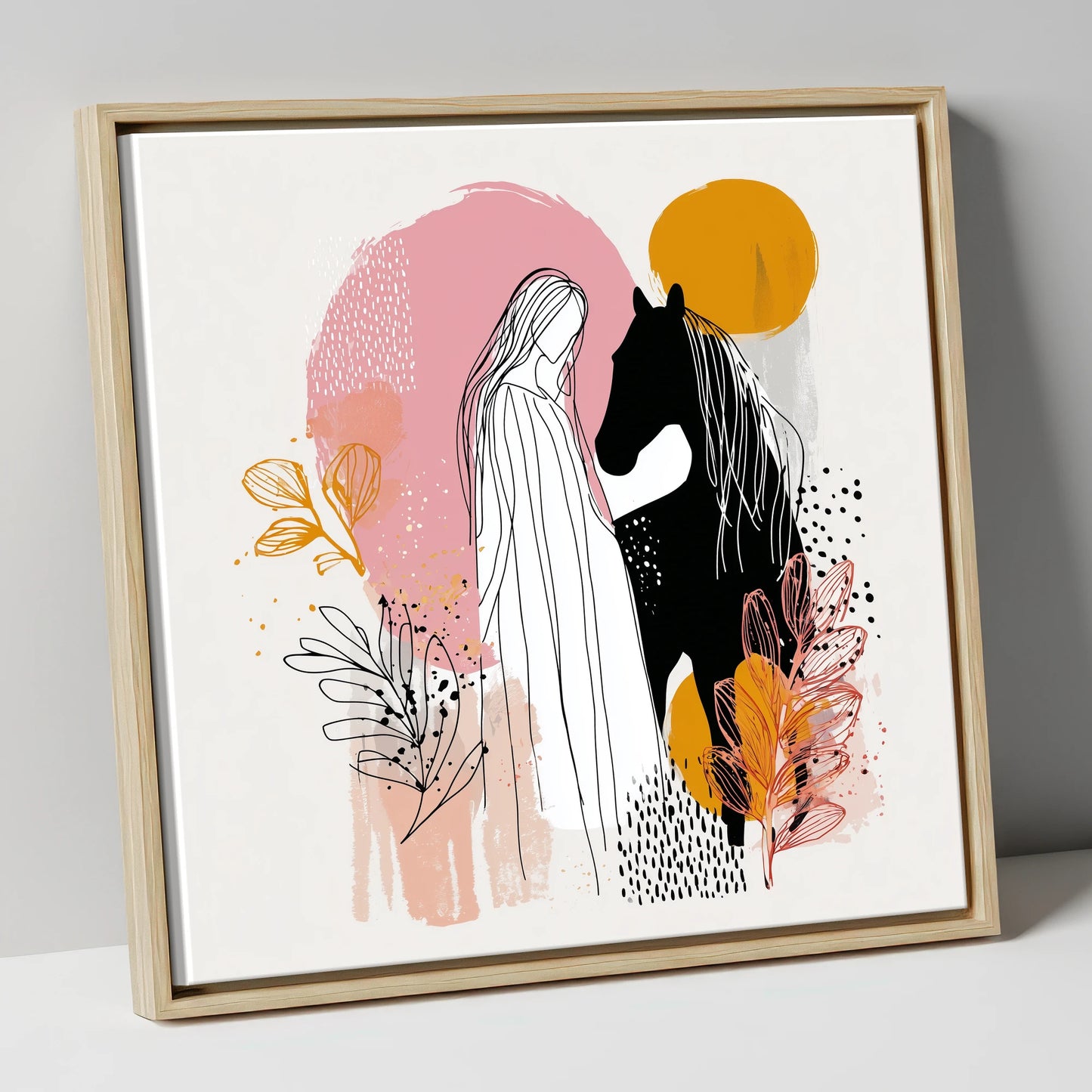 Abstract Equine Harmony horse & rider canvas wall art in natural frame