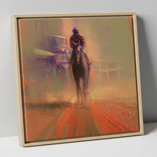 Emerging From The Dust racing horse canvas wall art in natural frame