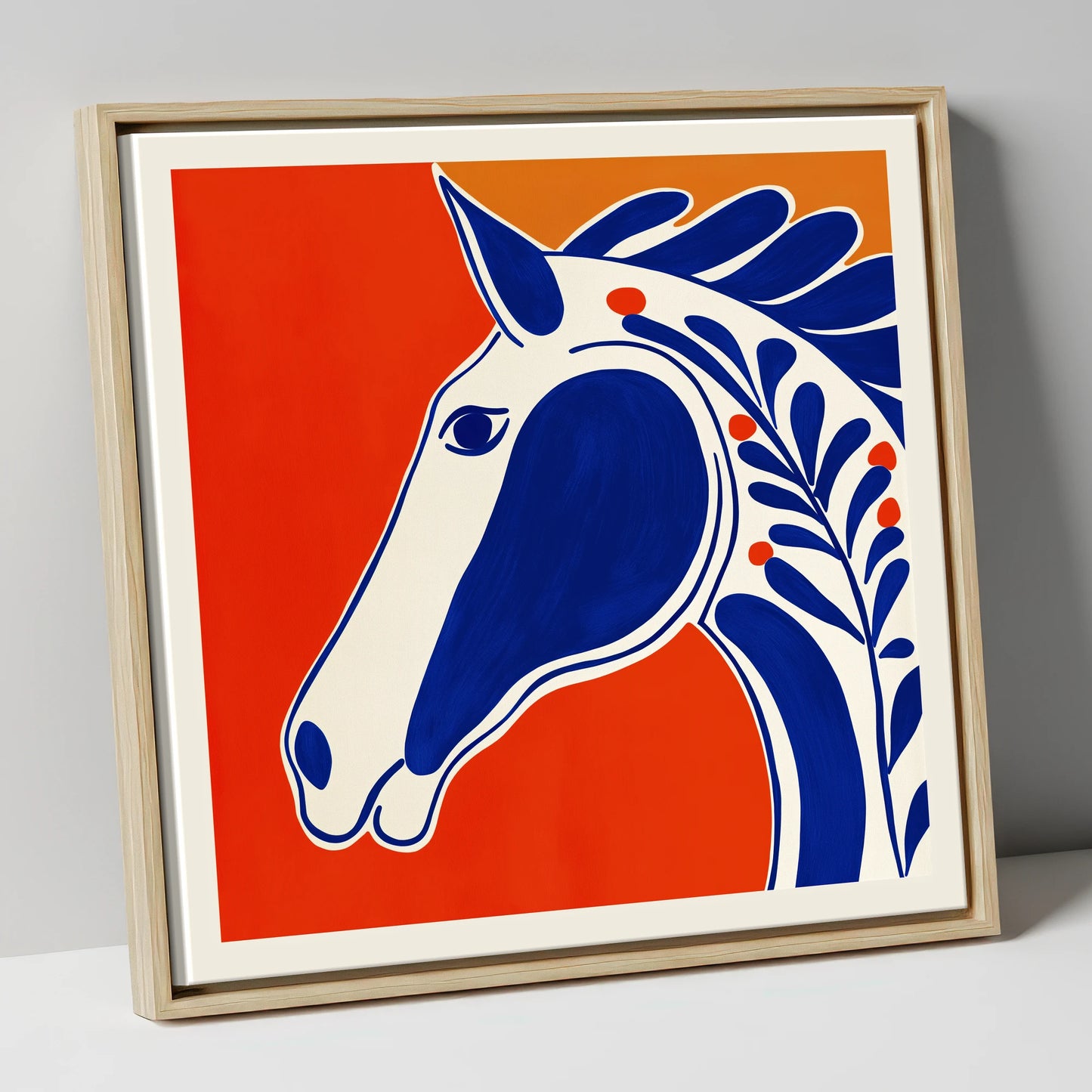Bold Cobalt Equine Motif horse portrait canvas wall art in natural frame