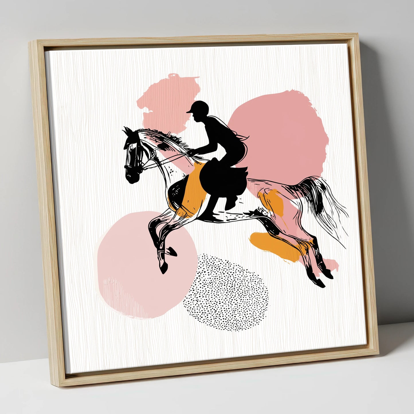 Abstract Equine Flight show jumping horse canvas wall art in natural frame