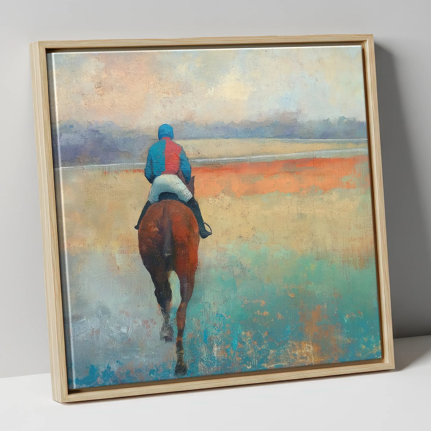 Towards the Start racing horse canvas wall art in natural frame