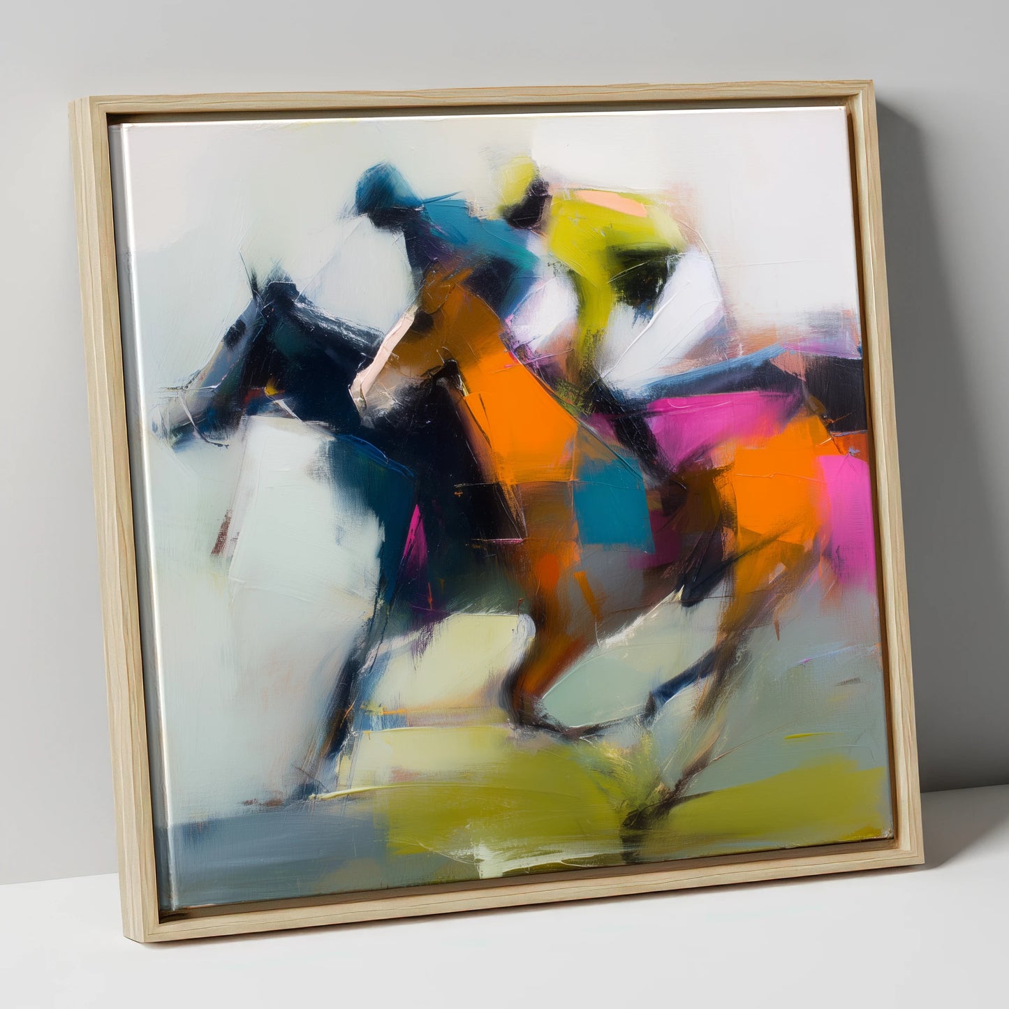Velocity in Colour racing horse canvas wall art in natural frame