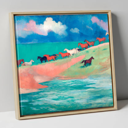 Spirited Coastal Herd wild horses canvas wall art in natural frame