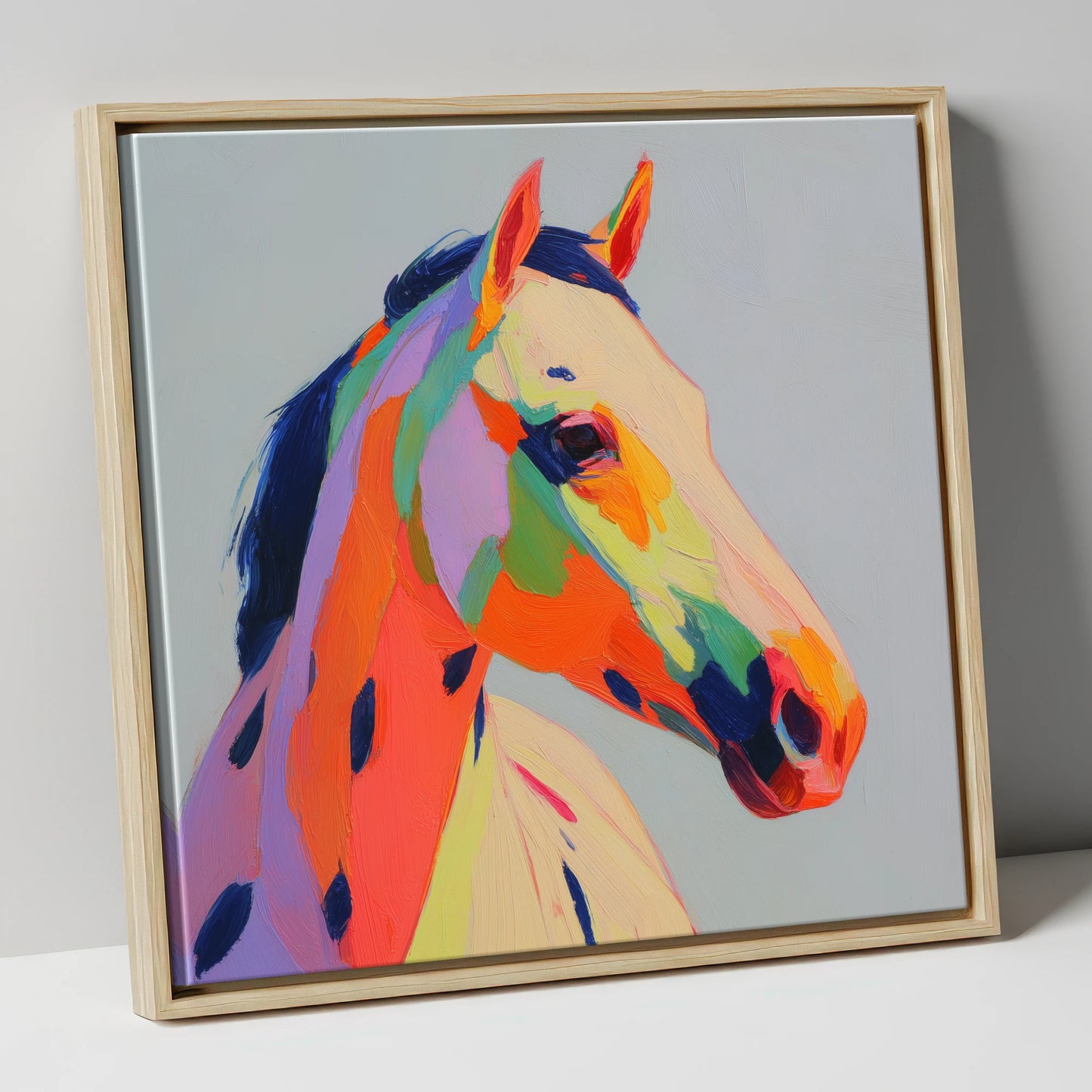 Technicolour Spirit horse breed canvas wall art in natural frame
