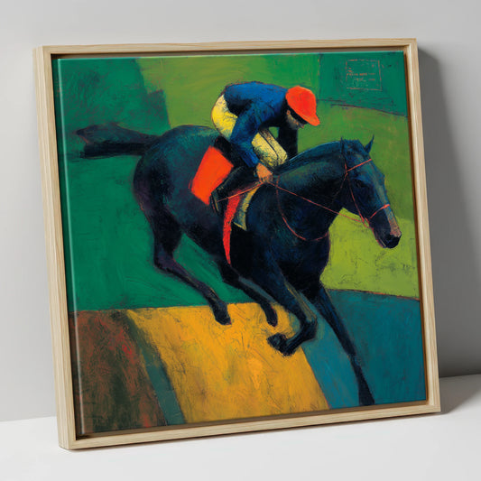 The Crimson Cap racing horse canvas wall art in natural frame
