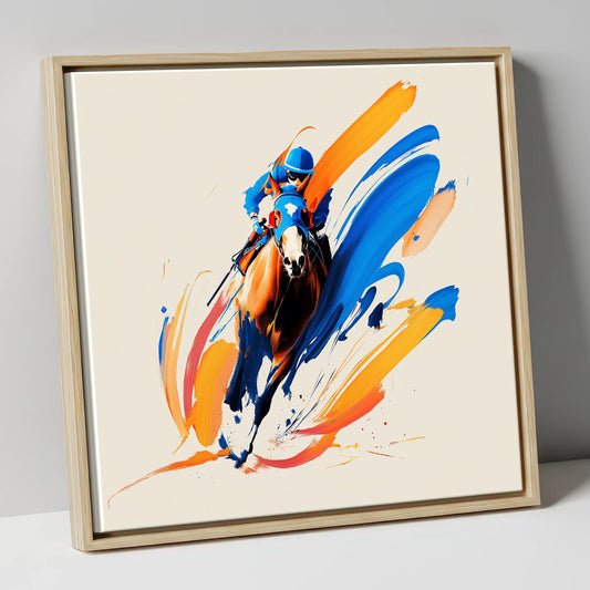 Blue Silks Surging racing horse canvas wall art in natural frame