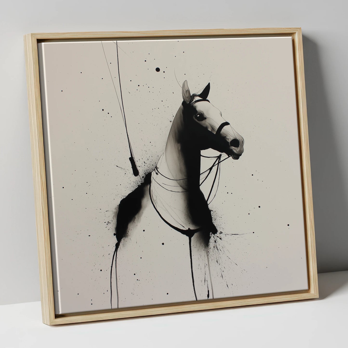 Inked Polo Silhouette polo horse canvas wall art in natural frame