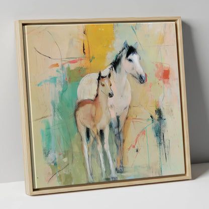 Gentle Guardianship mare & foal canvas wall art in natural frame