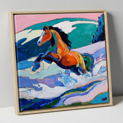 Vivid Coastal Leap beach horse canvas wall art in natural frame